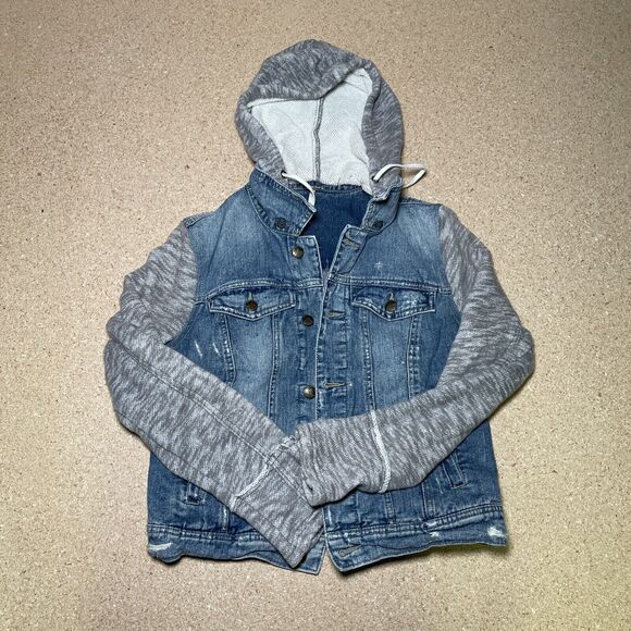 Free People Jacket Denim And Knit Hooded  Y2K  Distressed Indie size M A3 - Picture 1 of 7
